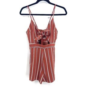 NWT L'atiste Brown White Stripe Cut Out Shorts Sleeveless Romper Size Small